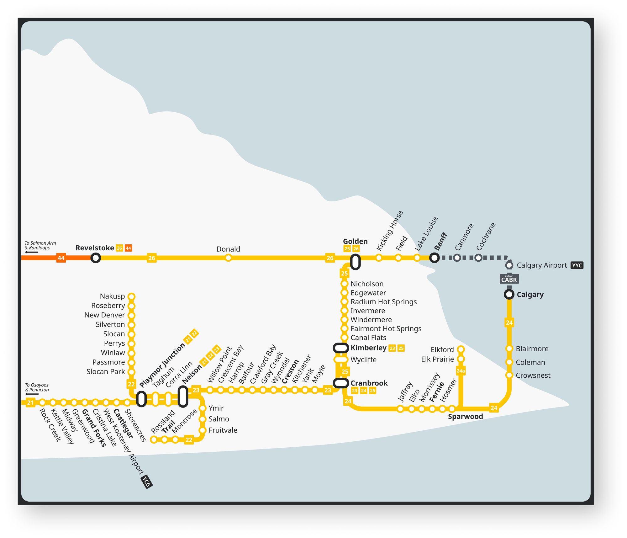 Map showing the proposed Kootenays & Rockies bus network