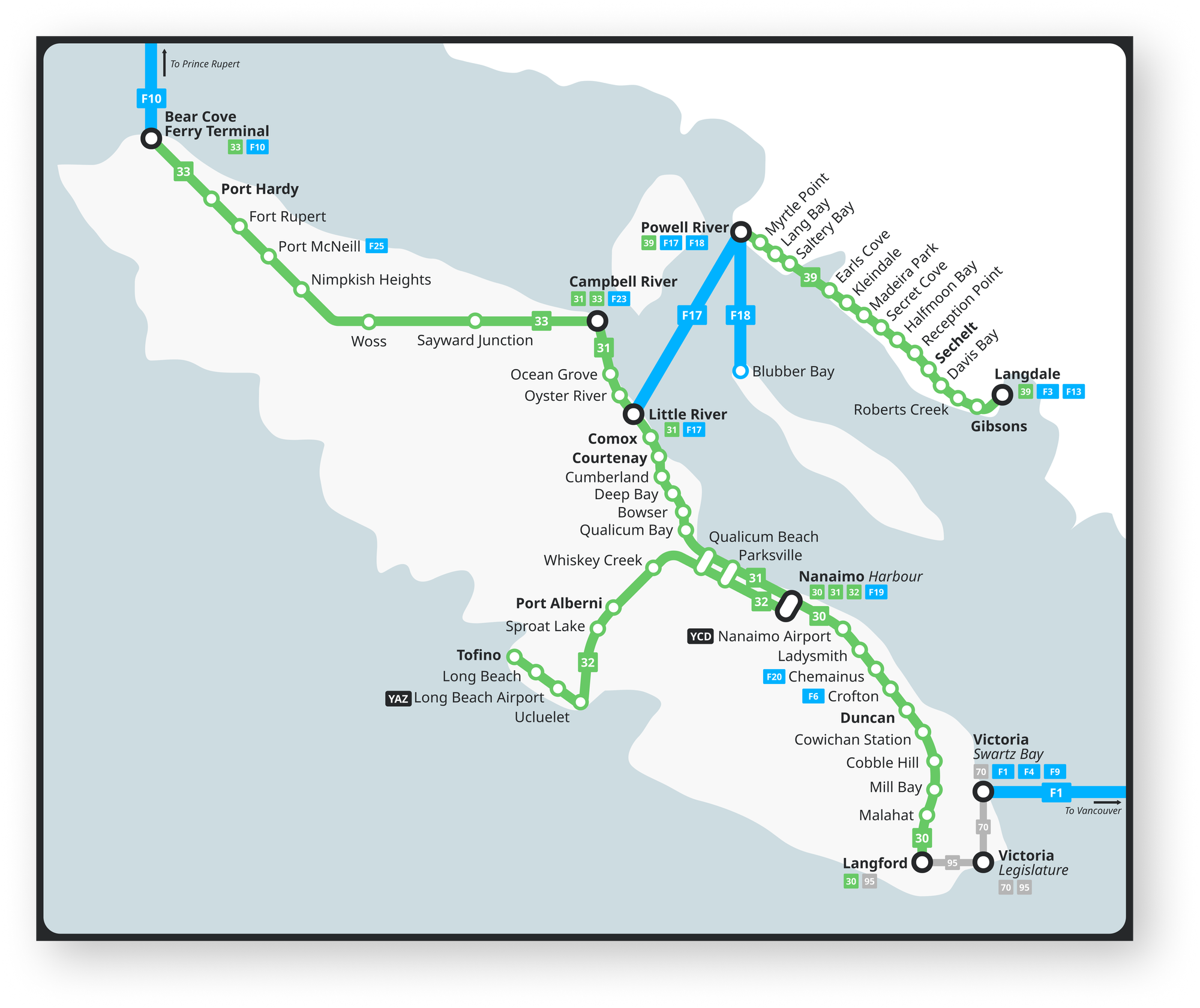 Map showing the proposed Vancouver Island bus network