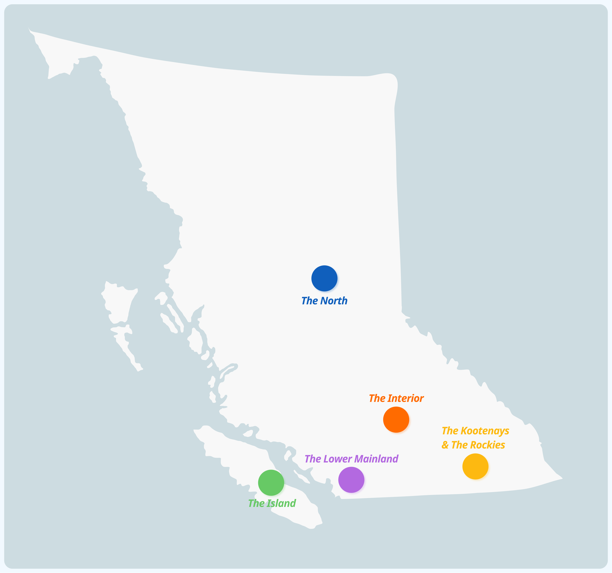 Map showing five hubs in BC