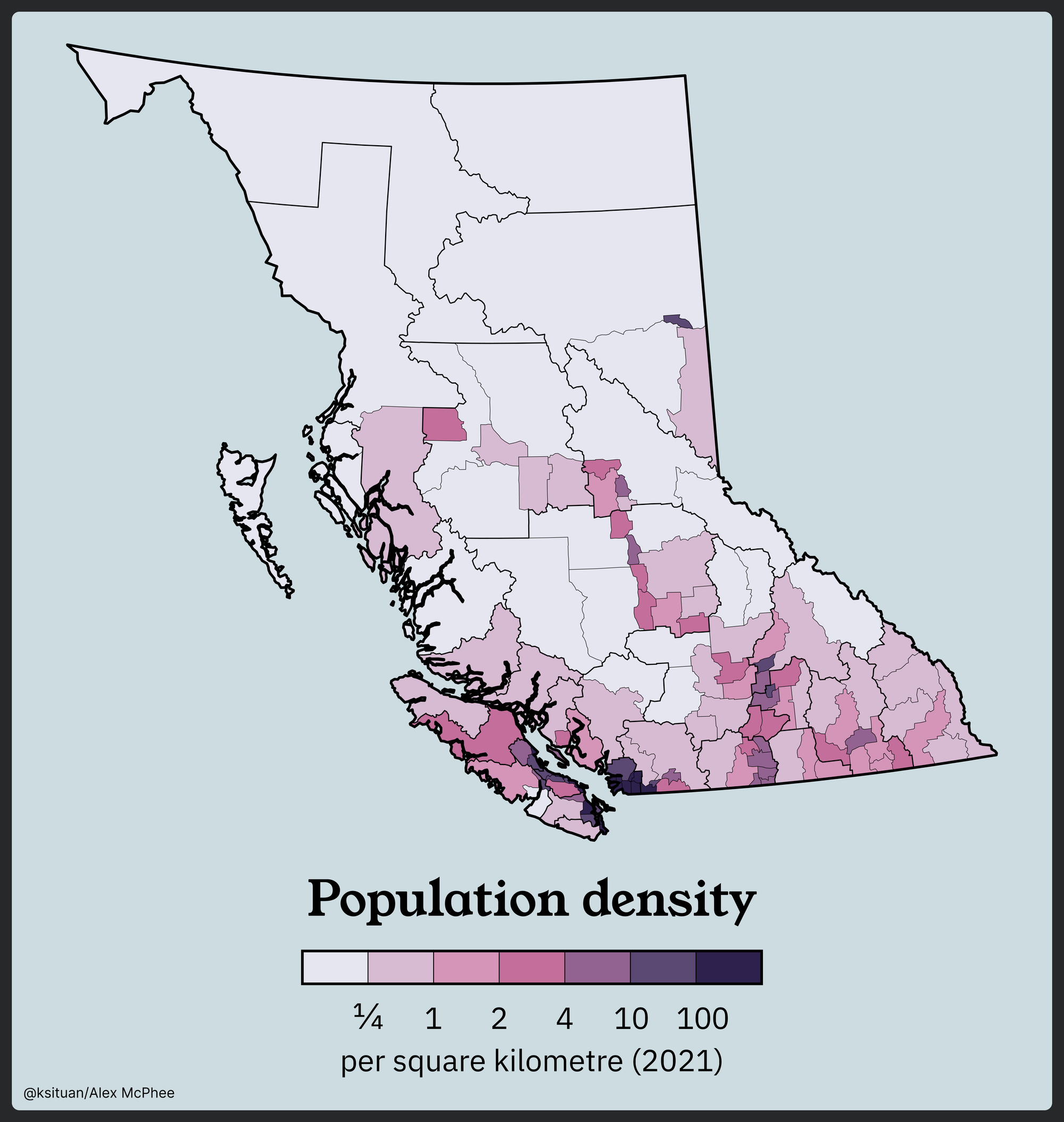 Population density of BC (2021) showing large amounts of density in the south, and very little in the north